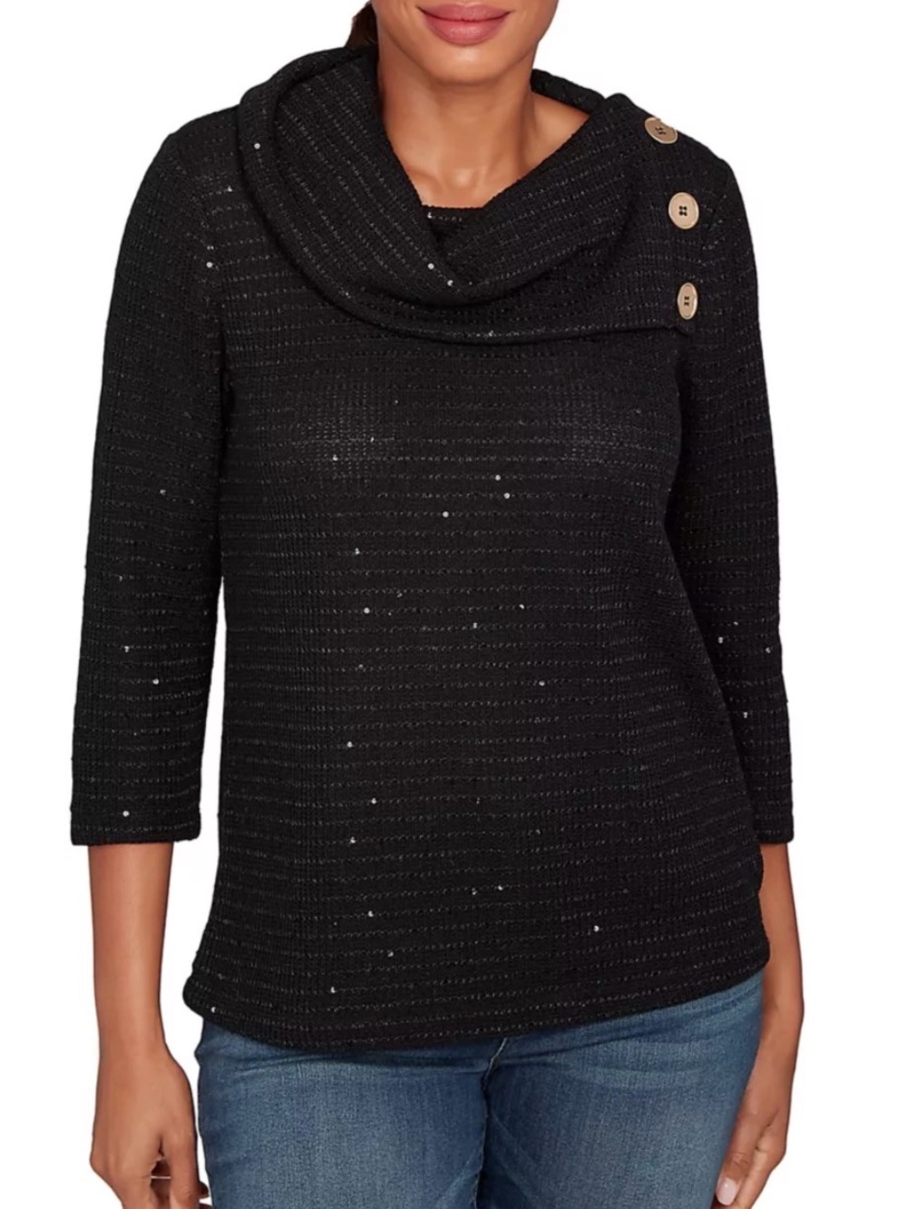 Ruby Rd. Black Sequin Knit Top With Cowl-Neck Sweater with Button |Holidays,
